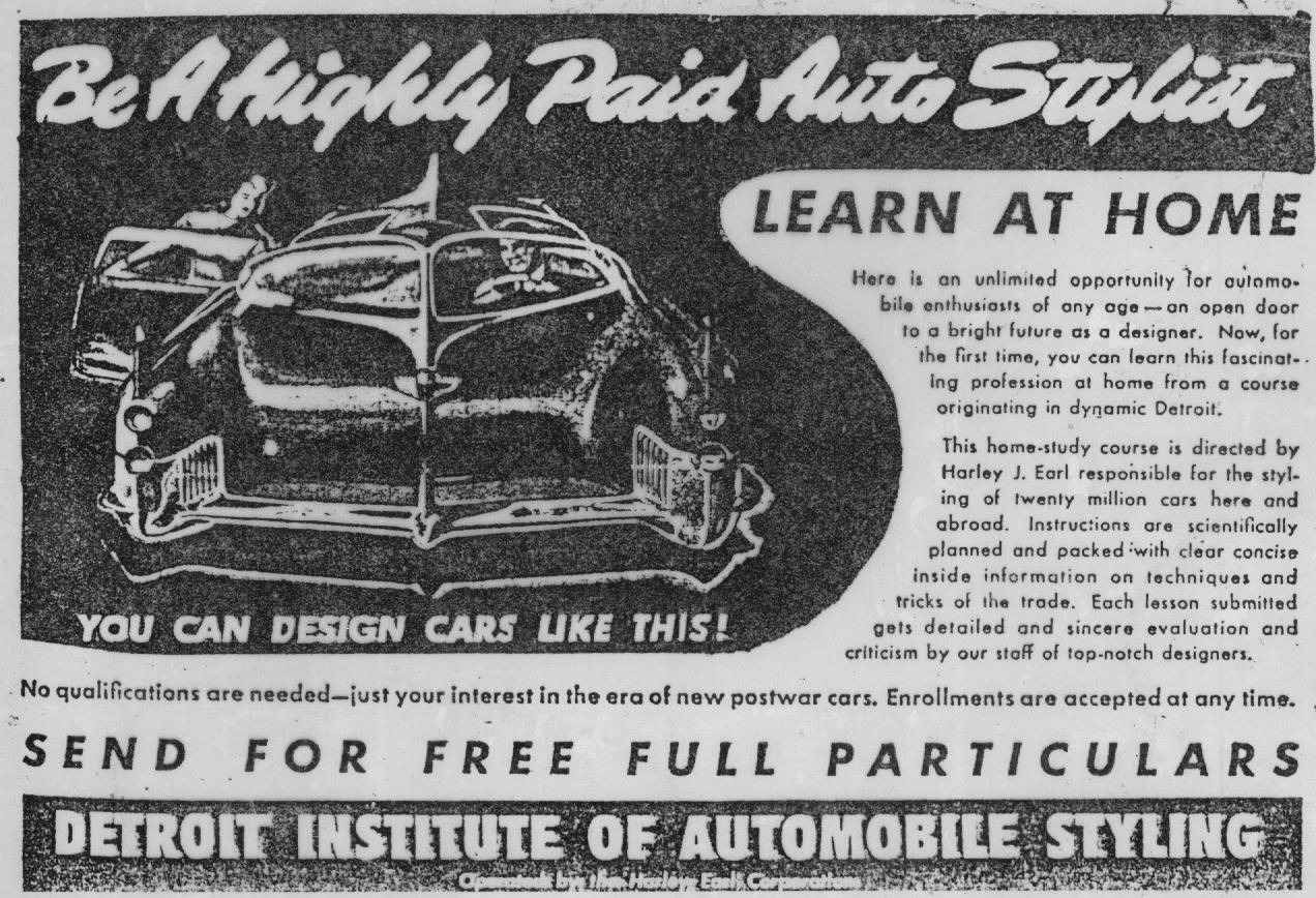 Advertisement for the Detroit Institute of Automobile Styling